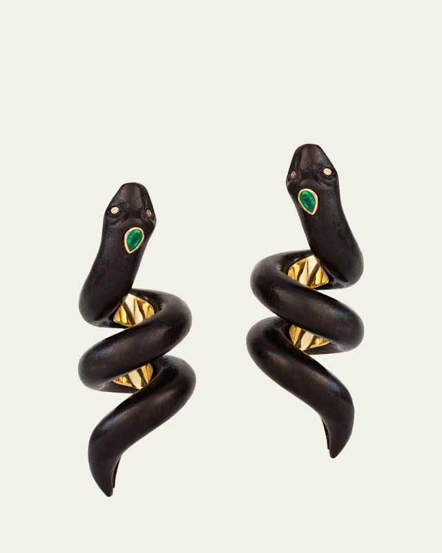 Wooden Snake Earrings with Diamonds and Emeralds